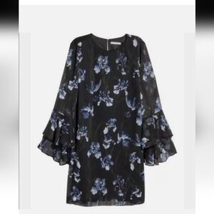Gorgeous Flounce Sleeve Mini/Midi, Black w/Navy&Cream Floral Print, Lined,Size 6